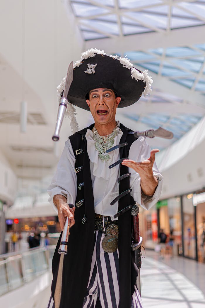 Mastering the First Impression: Your intriguing post title goes here A lively pirate performer juggling swords indoors captivates shoppers.